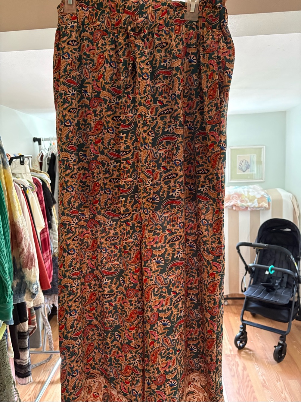 ENTRO Bohemian Paisley Palazzo Wide Leg Tan Multi with Pockets size LG new